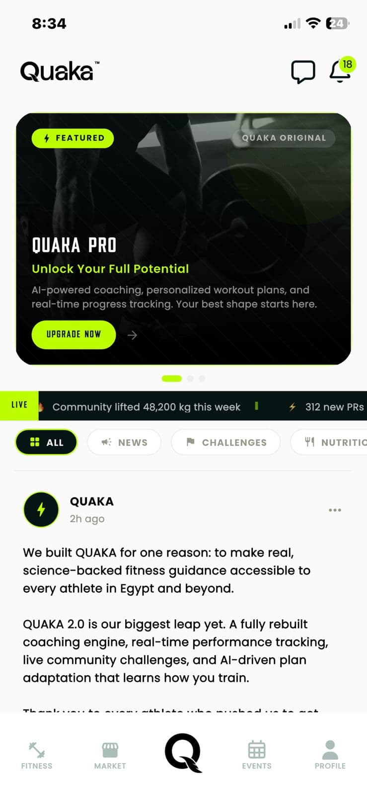 Quaka community feed with live activity, news, challenges, and nutrition categories